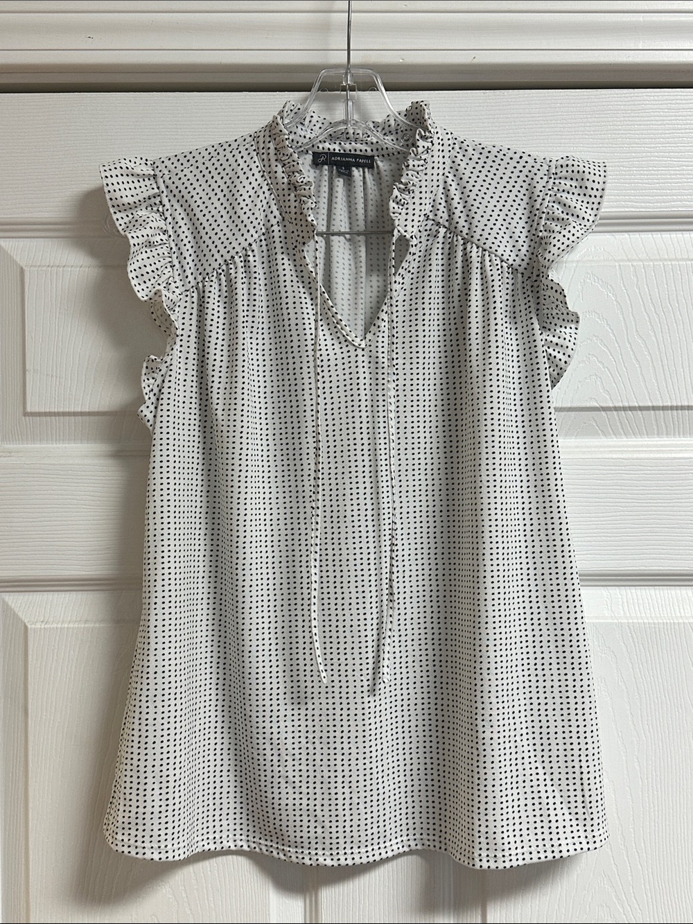 Adrianna Papell White Polka Dot Ruffle Sleeve Blouse